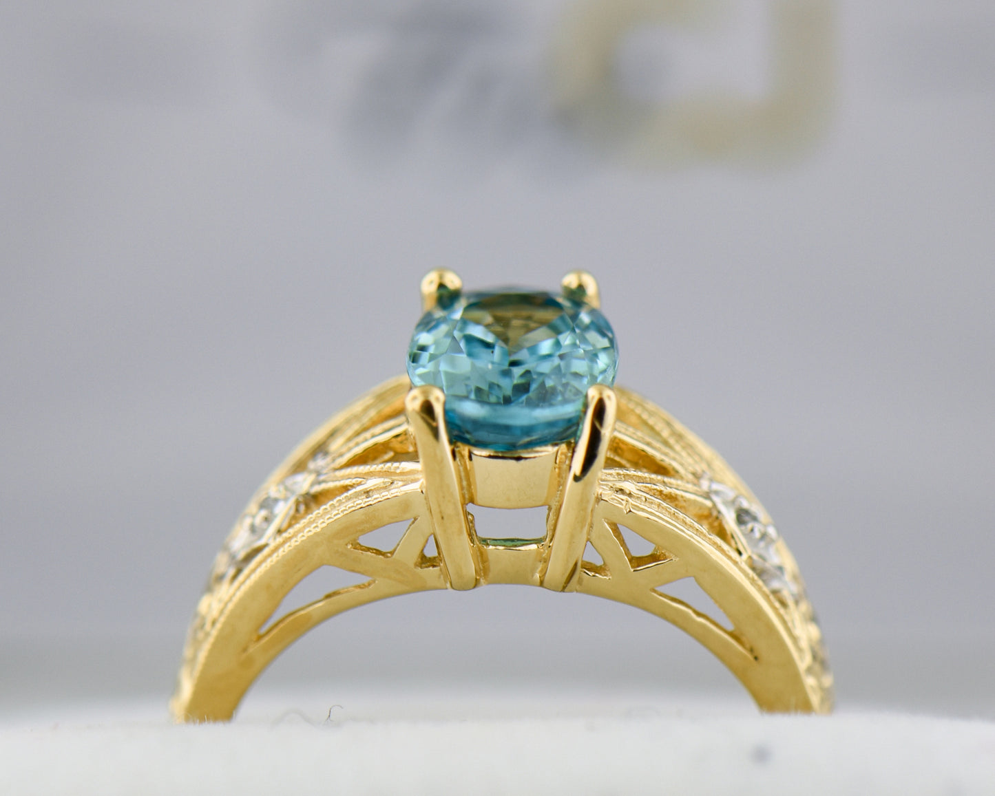 Vintage Style Blue Zircon & Diamond Ring in Yellow Gold