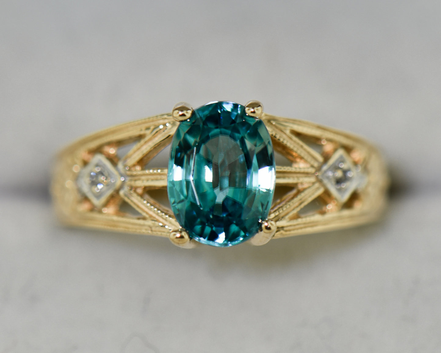 Vintage Style Blue Zircon & Diamond Ring in Yellow Gold