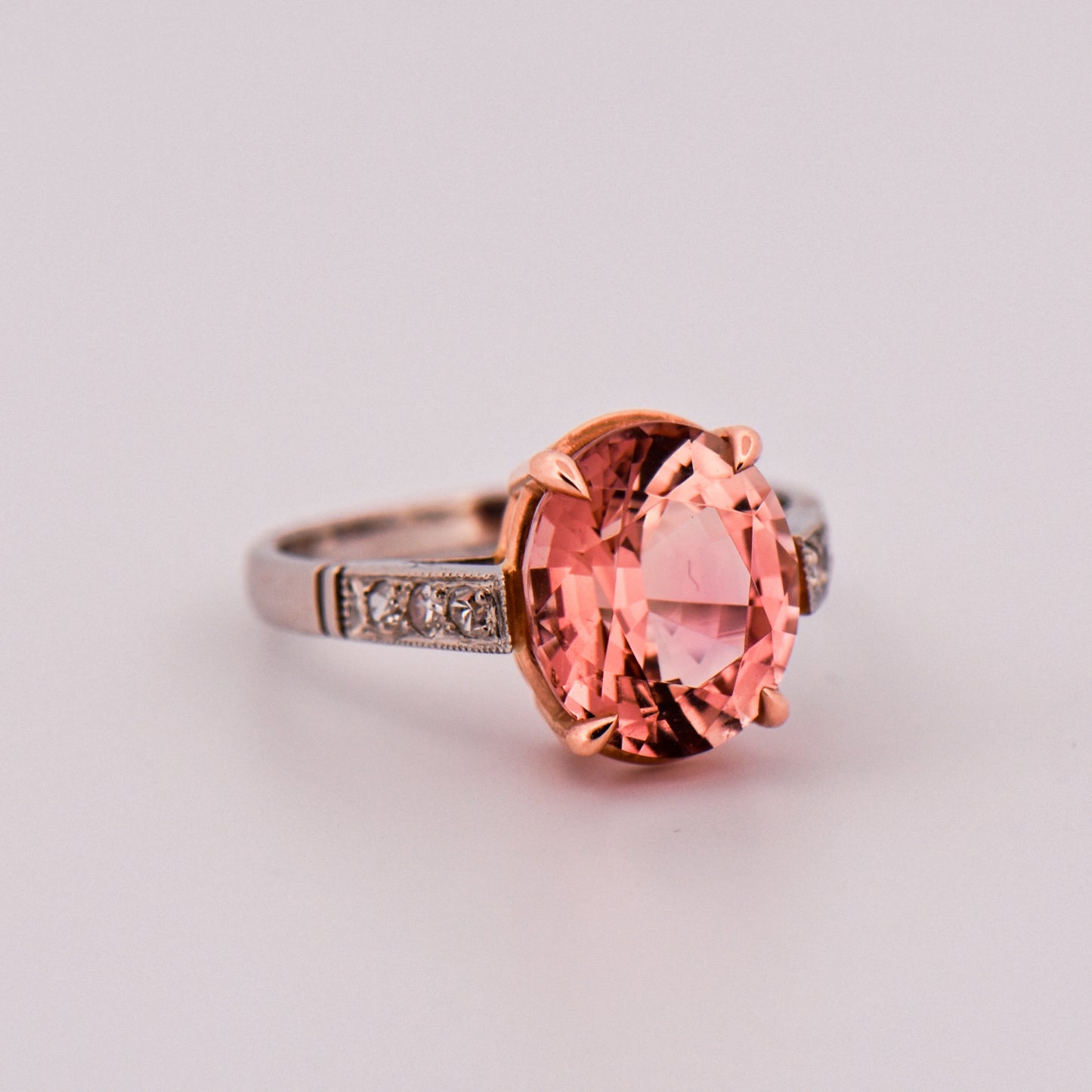 Platinum Engagement Ring Set with Peachy Pink Tourmaline