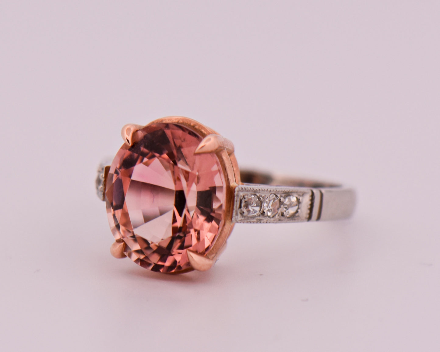 Platinum Engagement Ring Set with Peachy Pink Tourmaline