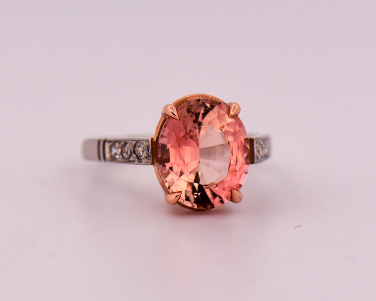 Platinum Engagement Ring Set with Peachy Pink Tourmaline