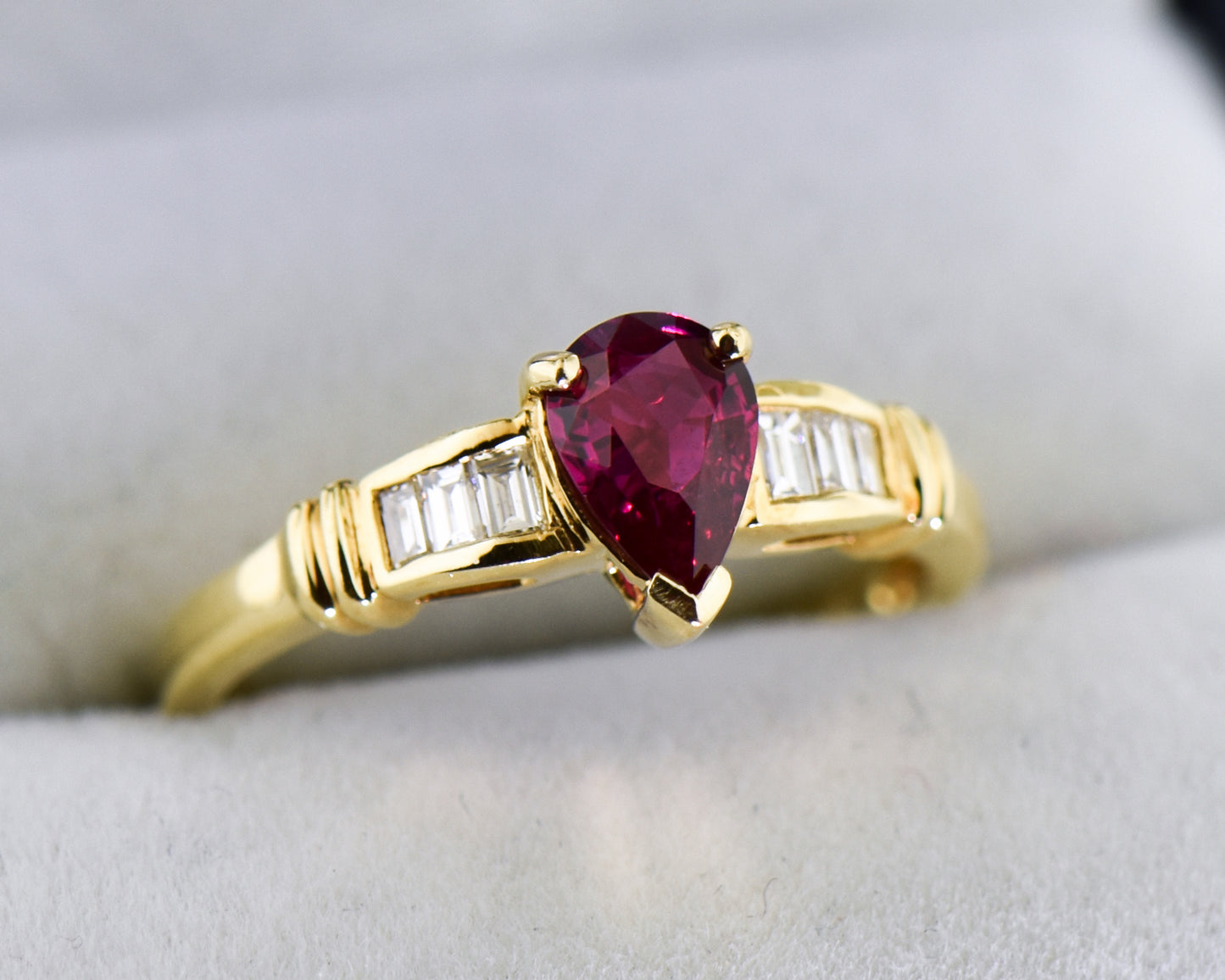 Classic Pear Shape Ruby & Baguette Diamond Engagement Ring