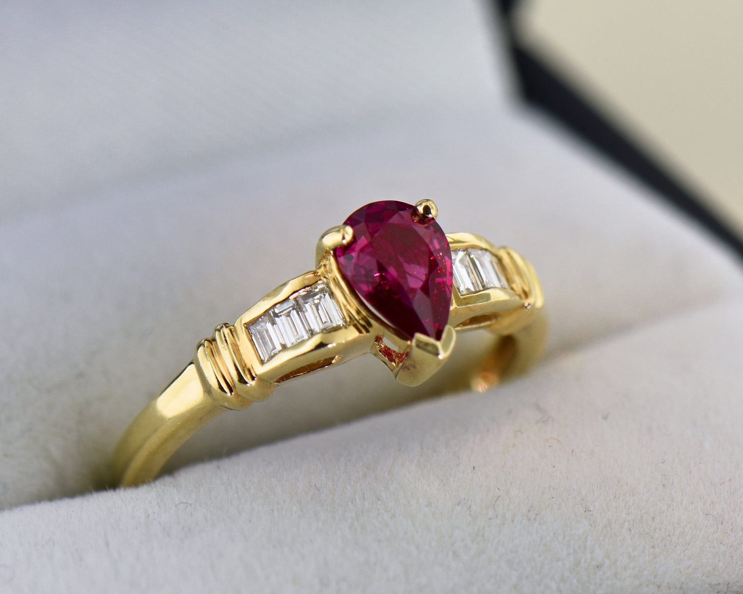 Classic Pear Shape Ruby & Baguette Diamond Engagement Ring