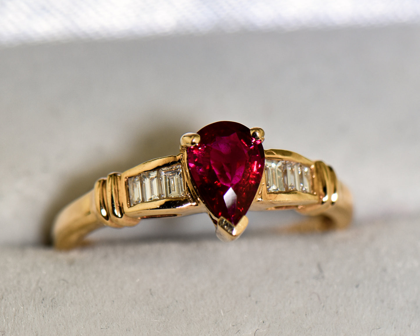 Classic Pear Shape Ruby & Baguette Diamond Engagement Ring
