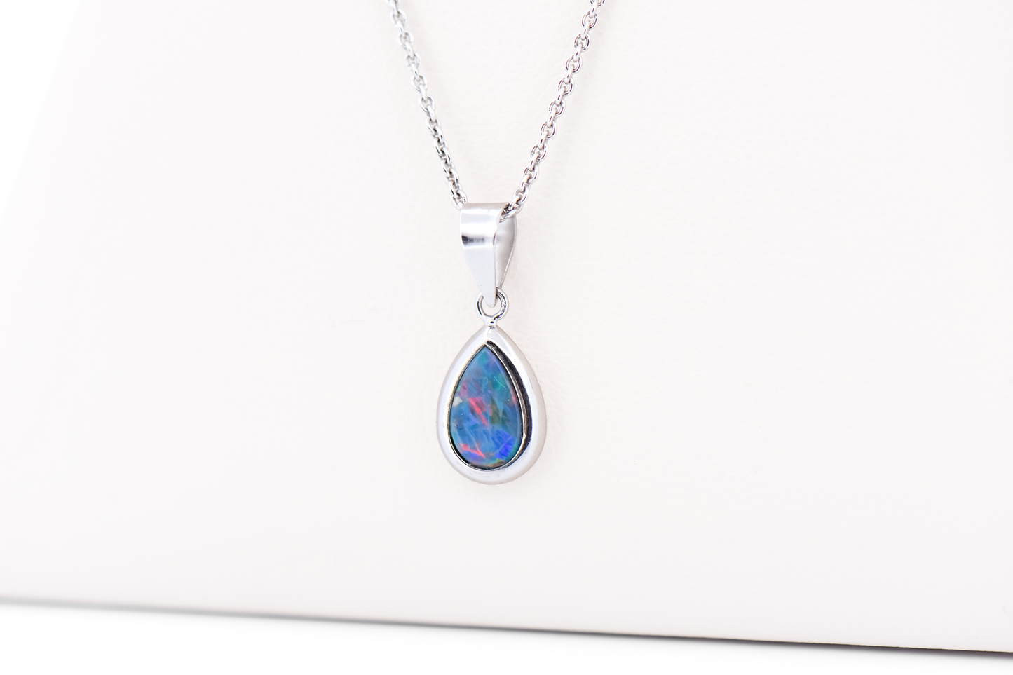 Pear Shaped Australian Opal Pendant & Earrings Bezel Set in White Gold