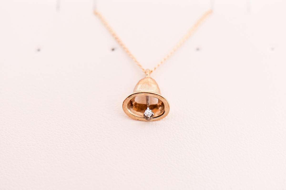 Petite Vintage Gold & Diamond Bell Pendant with 15 Inch Chain