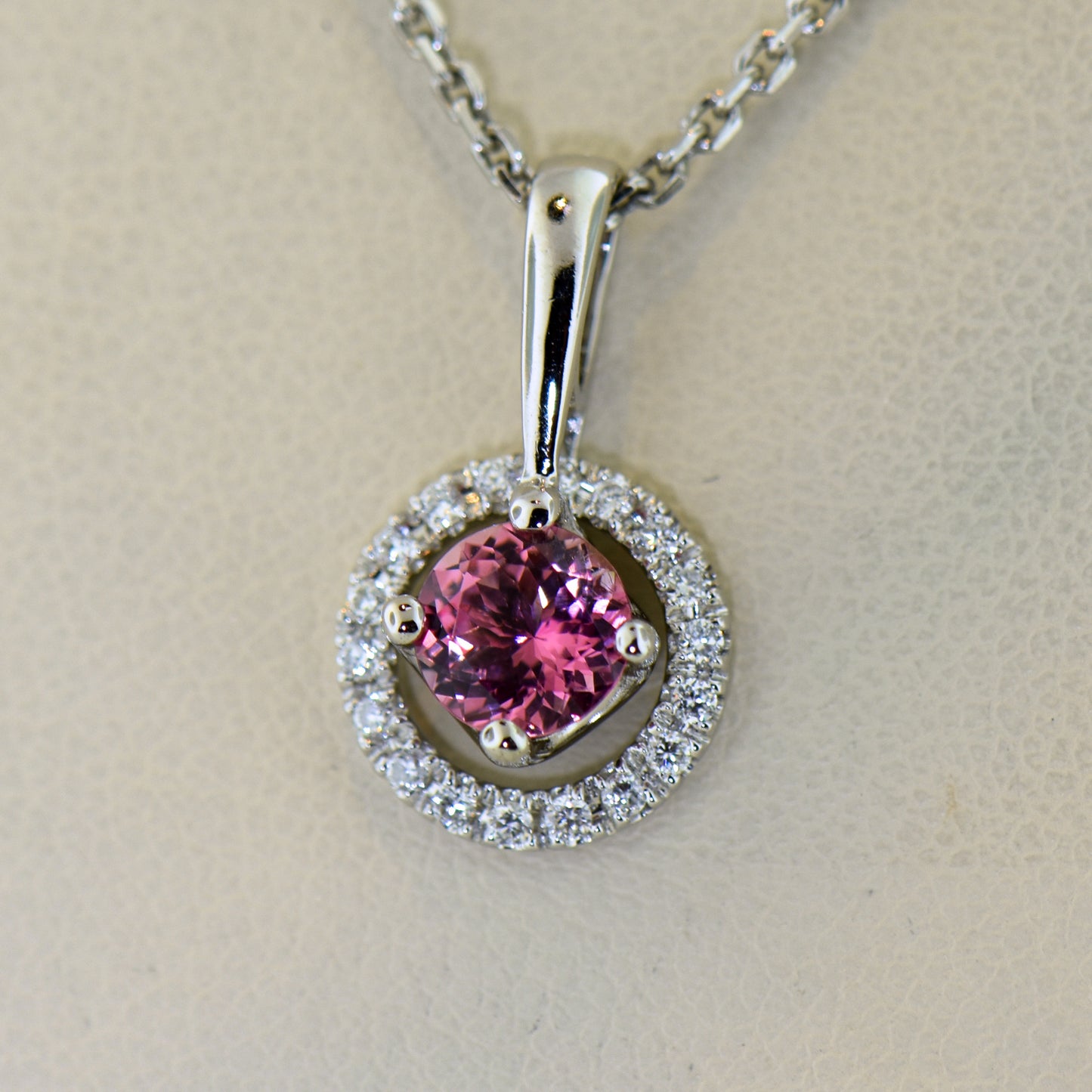 Round Pink Spinel & Floating Diamond Halo Pendant