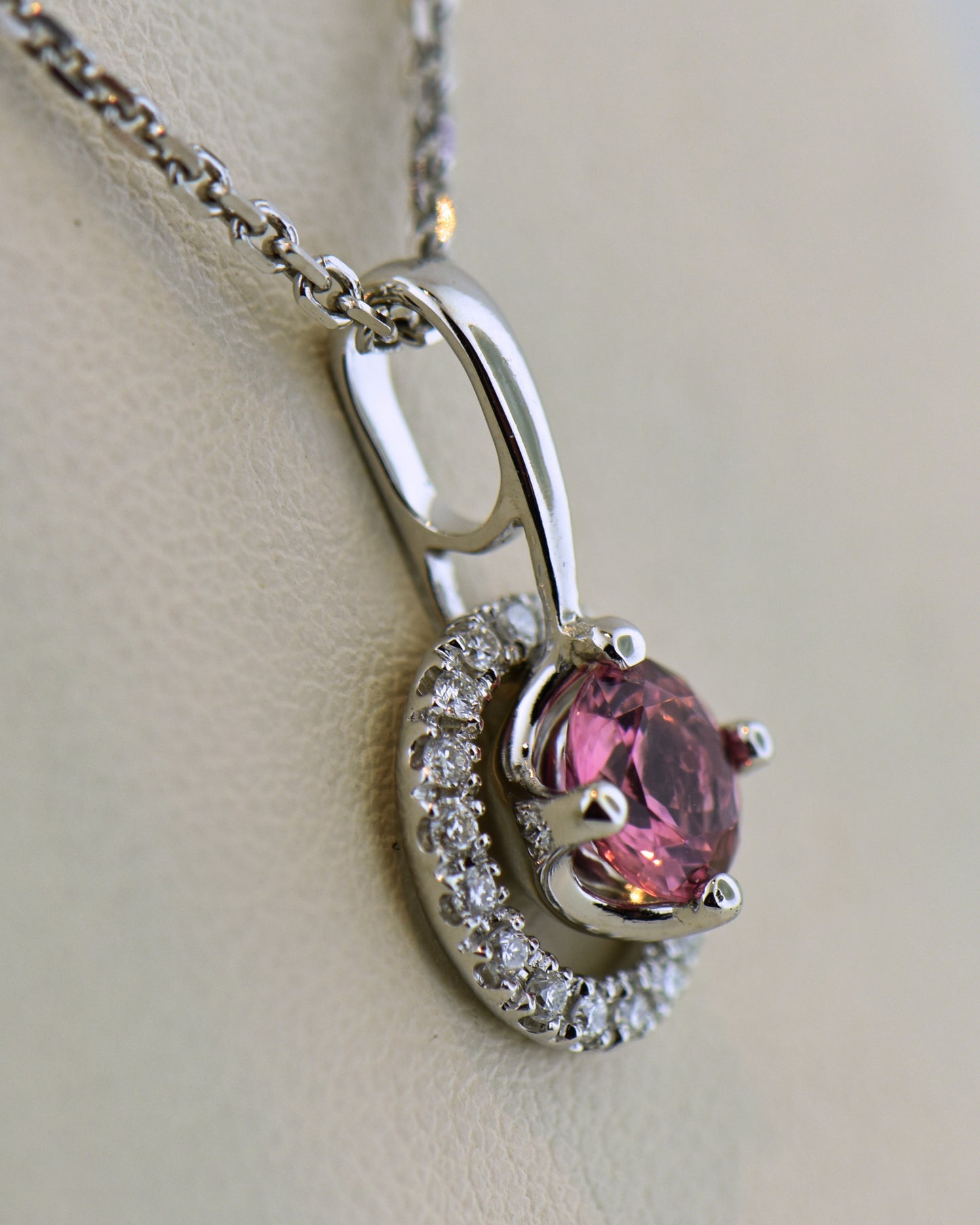 Round Pink Spinel & Floating Diamond Halo Pendant