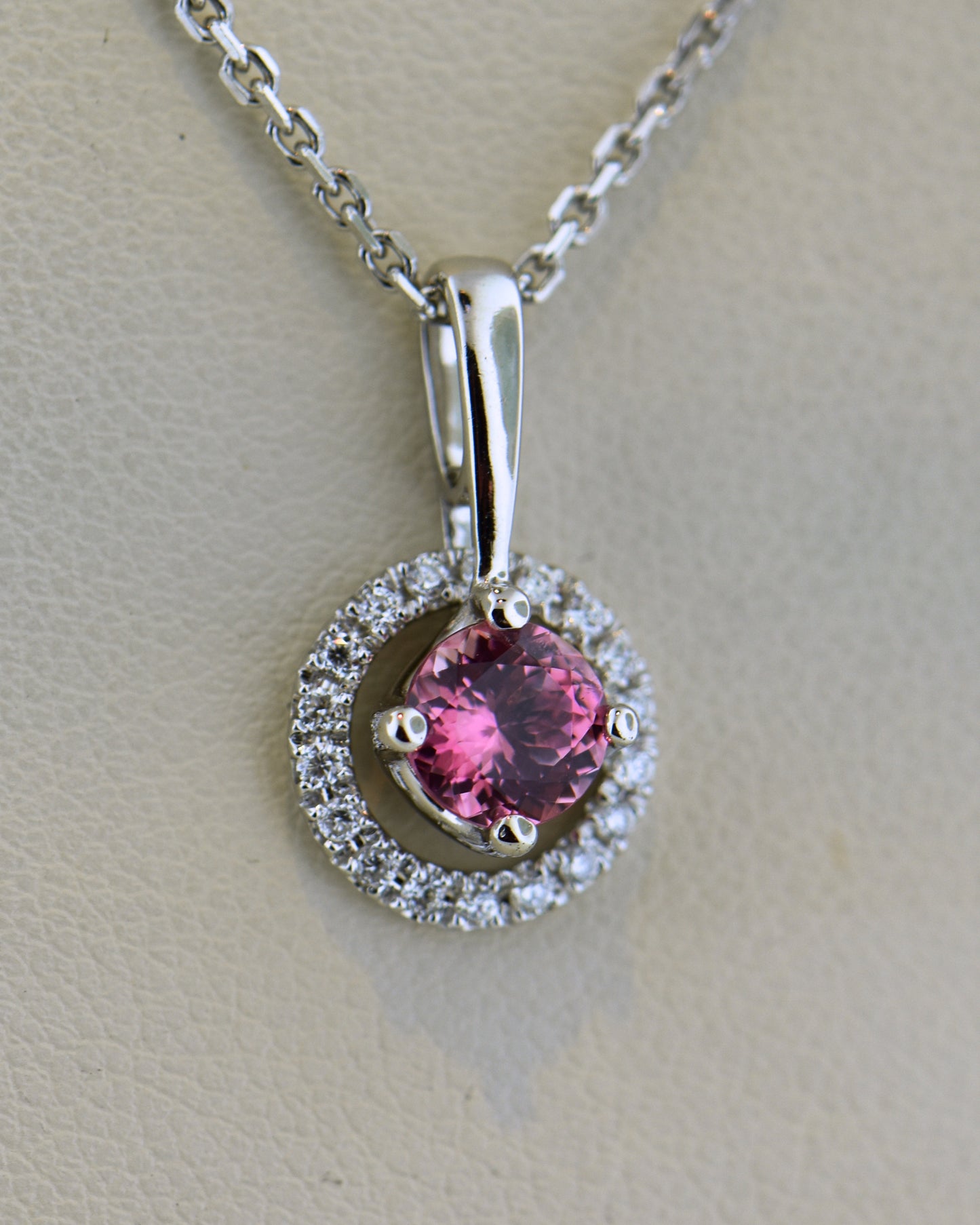 Round Pink Spinel & Floating Diamond Halo Pendant