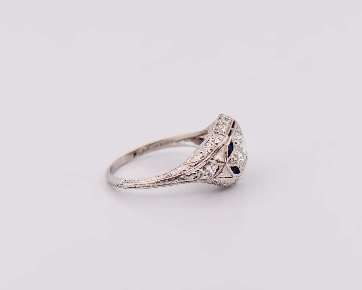 Platinum Art Deco Diamond Ring with Synthetic Sapphires