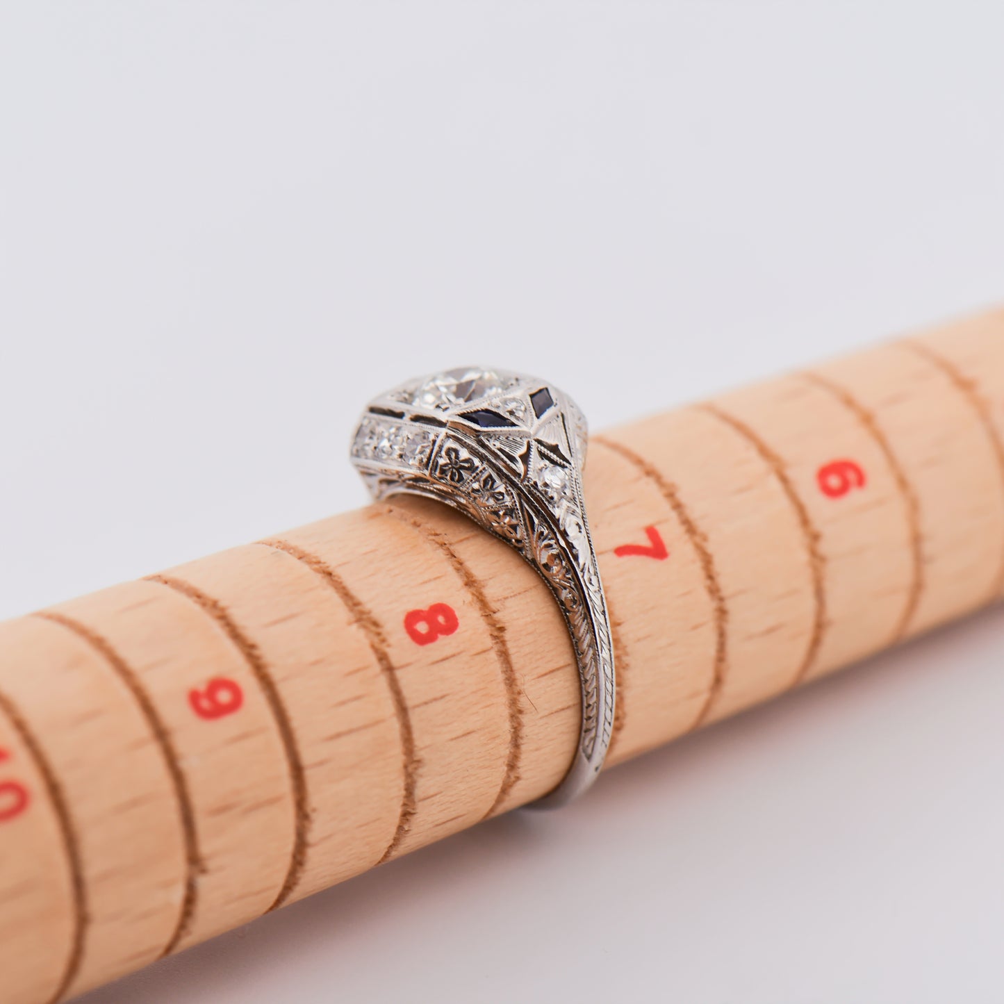 Platinum Art Deco Diamond Ring with Synthetic Sapphires