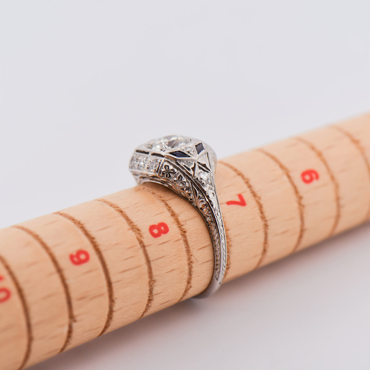 Platinum Art Deco Diamond Ring with Synthetic Sapphires
