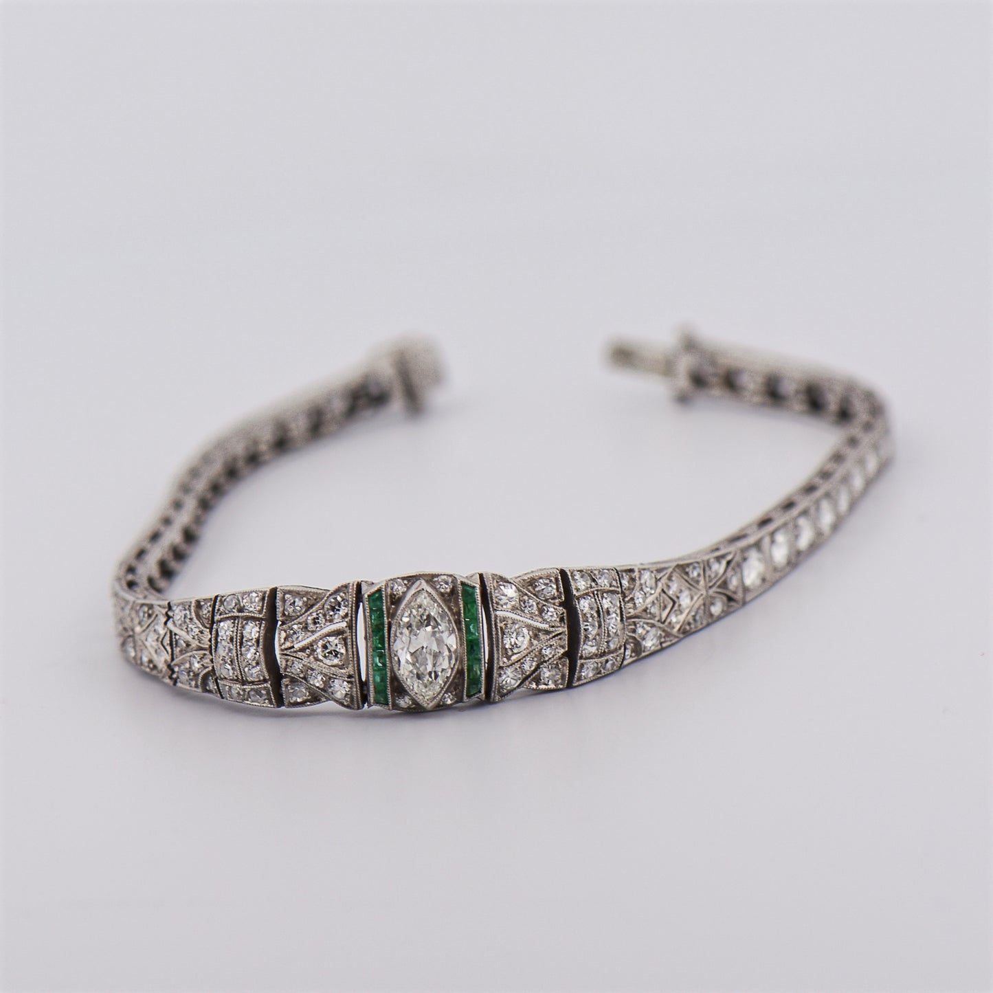 Platinum Marquise Diamond & Emerald Art Deco Bracelet