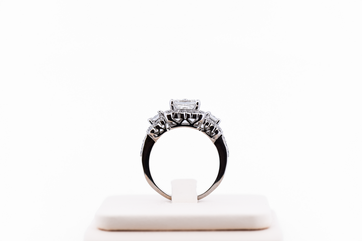 Princess Cut Diamond Halo Three-Stone Ring with Lab-Grown Diamond Center