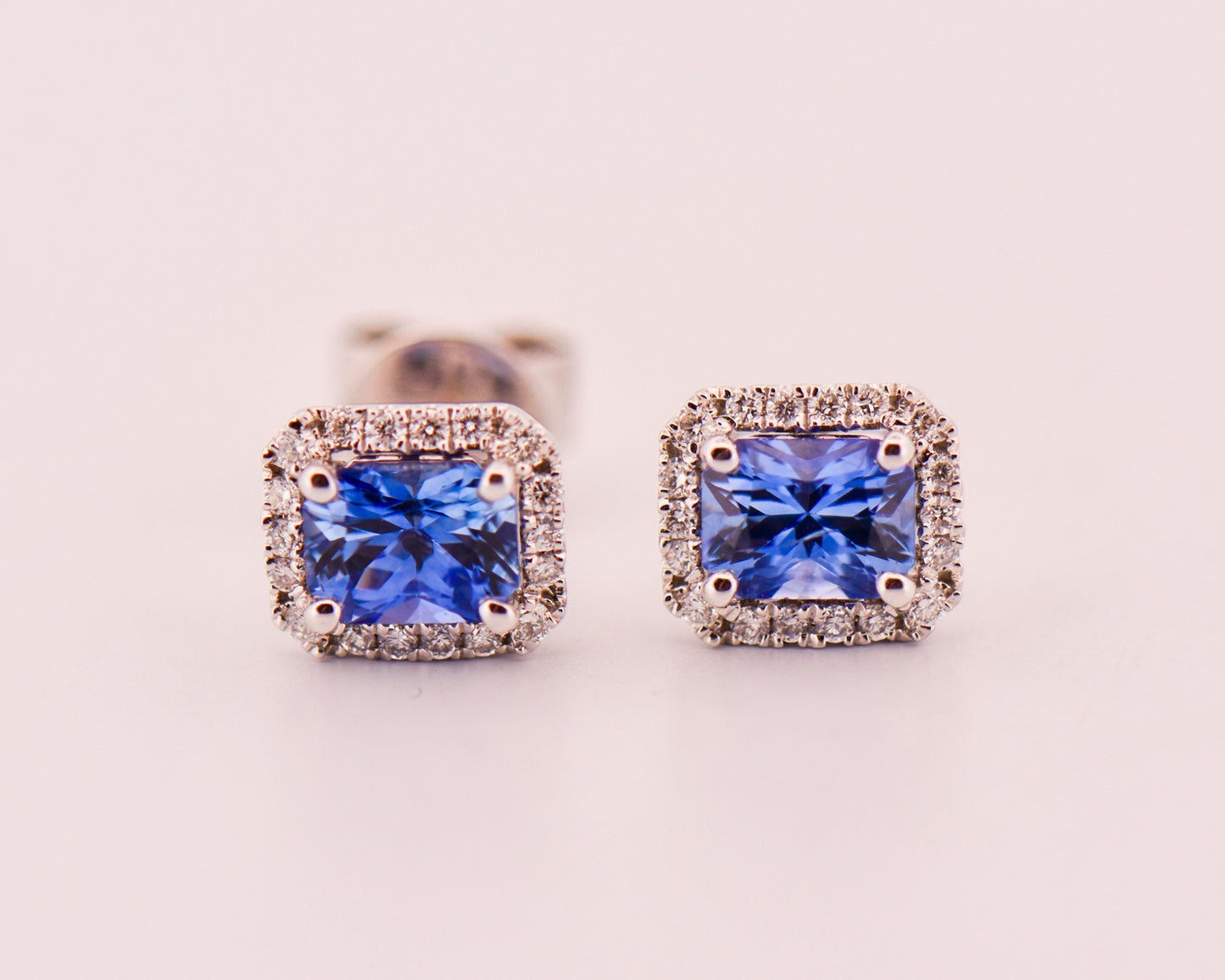 Radiant Cut Ceylon Sapphire & Diamond Stud Earrings