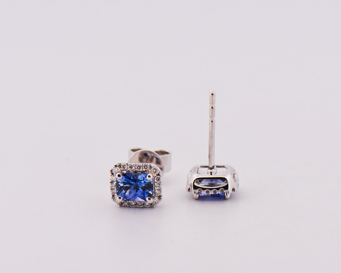 Radiant Cut Ceylon Sapphire & Diamond Stud Earrings