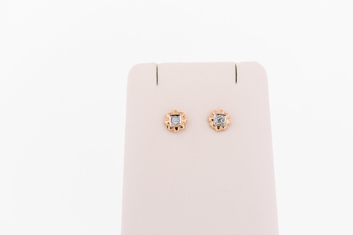 Rare Art Deco Buttercup Diamond Stud Earrings in Yellow Gold