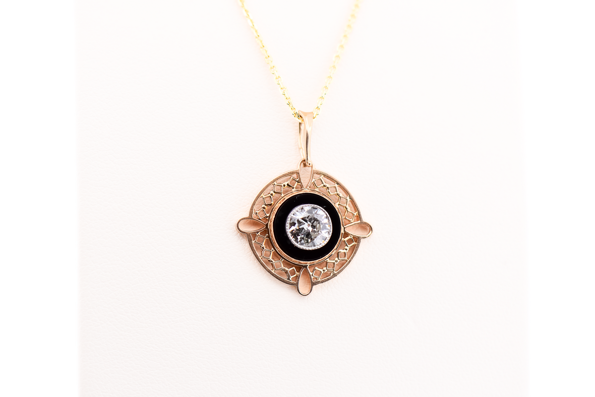 Rare Art Deco Yellow Gold Target Pendant with Onyx & Old European Cut Diamond