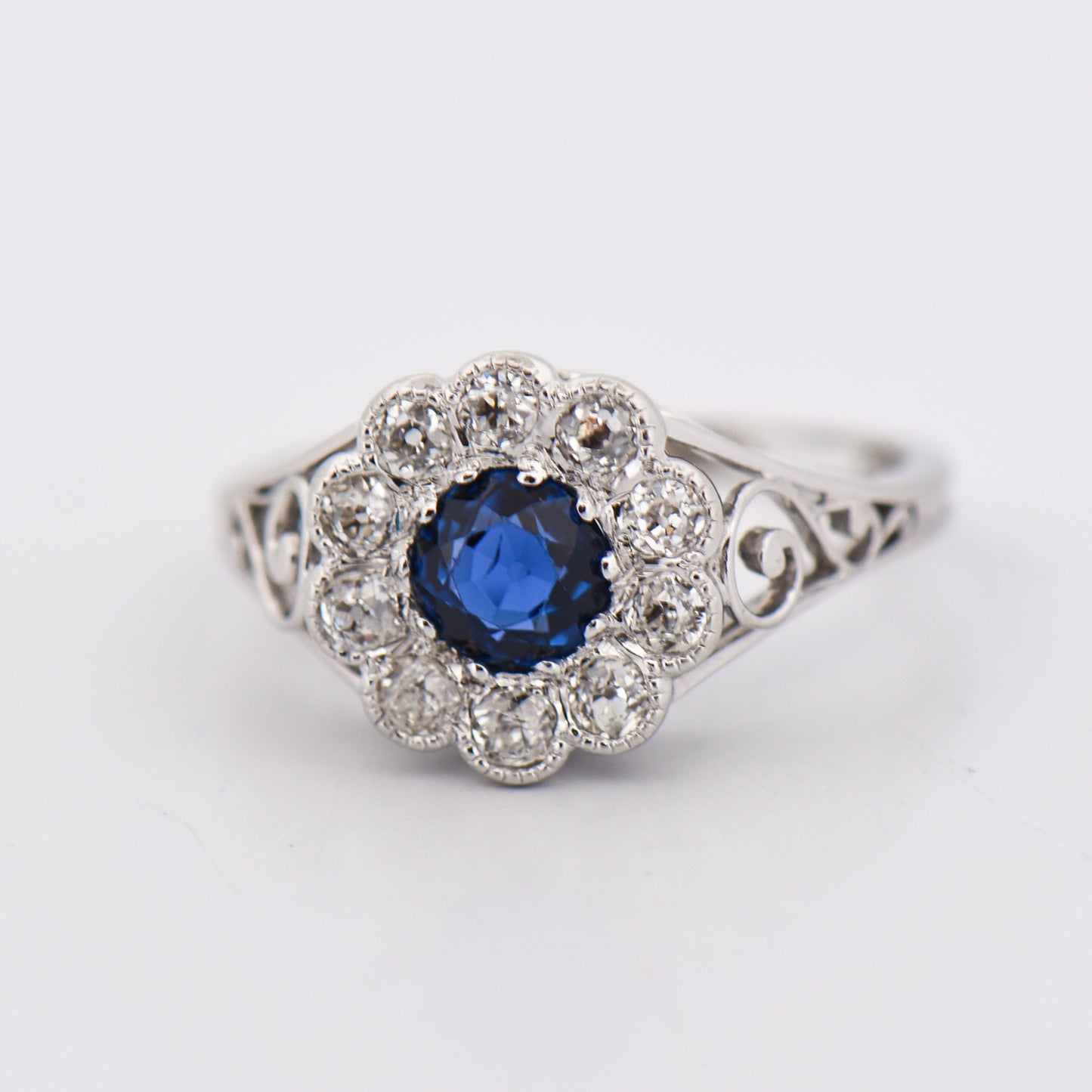 Rare Art Nouveau Blue Yogo Sapphire & Diamond Halo Engagement Ring