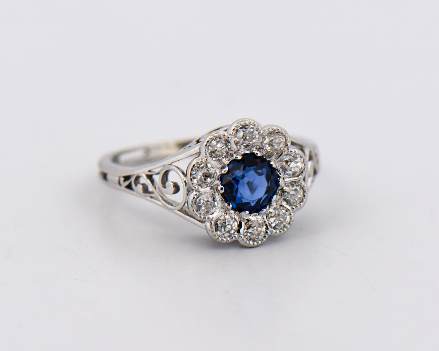 Rare Art Nouveau Blue Yogo Sapphire & Diamond Halo Engagement Ring