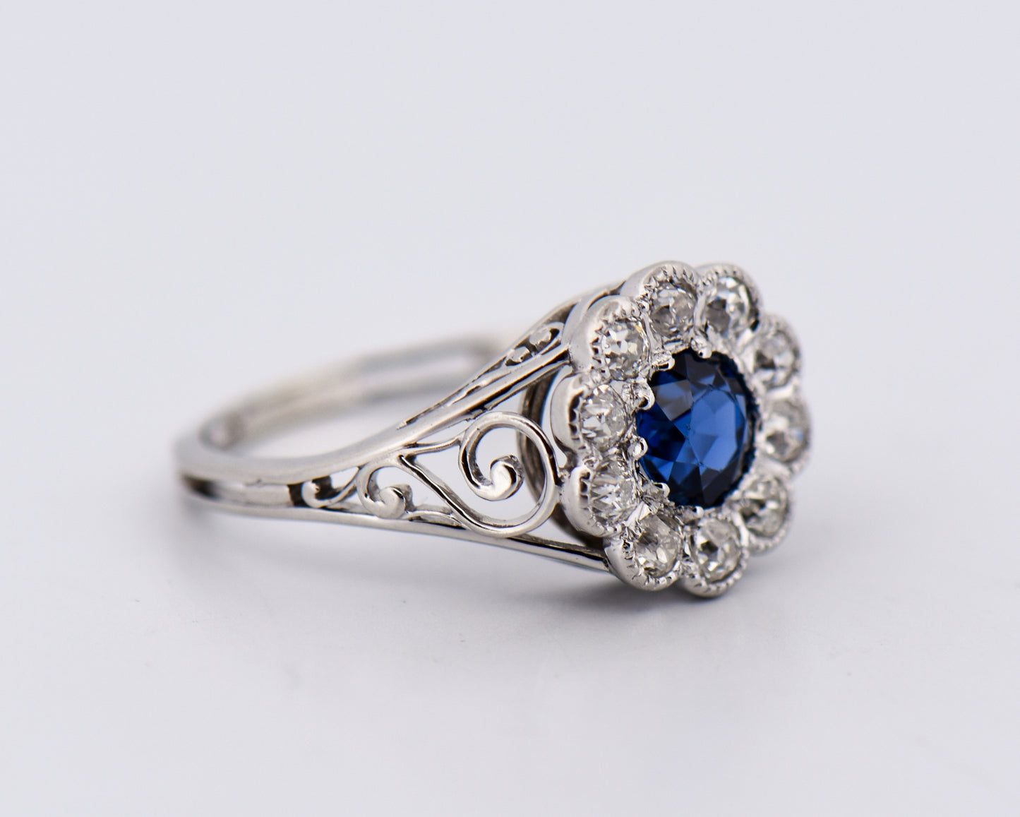 Rare Art Nouveau Blue Yogo Sapphire & Diamond Halo Engagement Ring