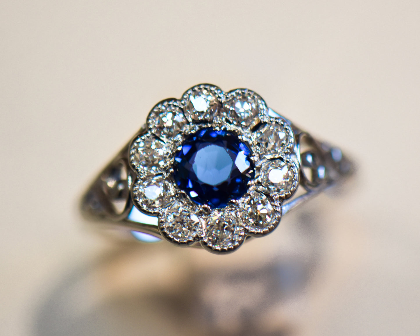 Rare Art Nouveau Blue Yogo Sapphire & Diamond Halo Engagement Ring