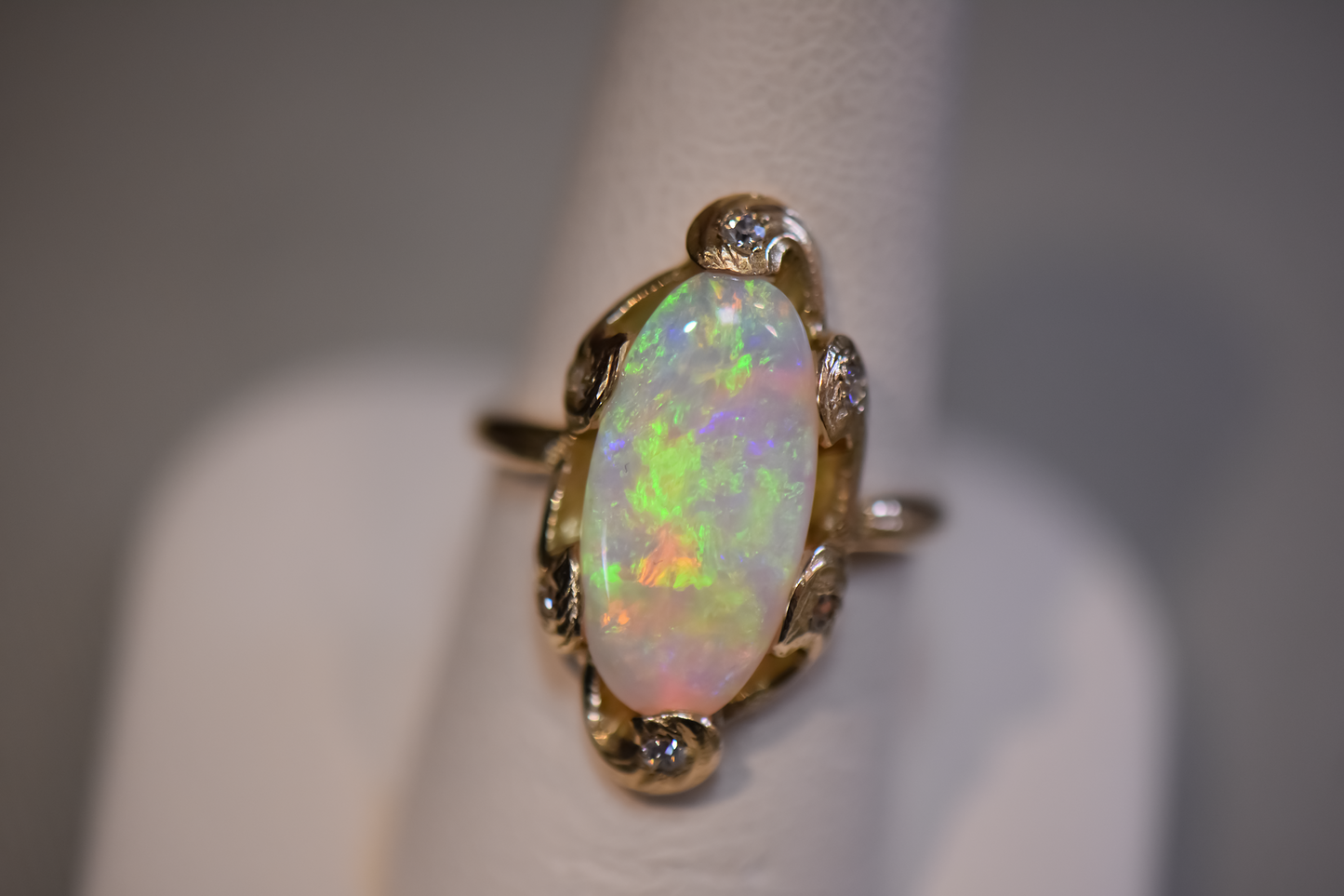 Rare Art Nouveau Gold Ring with Opal and Old European Cut Diamonds
