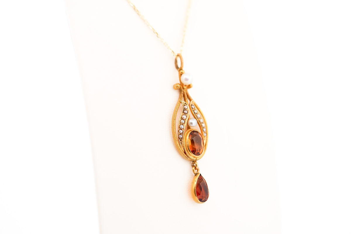 Rare Arts & Crafts Era Citrine & Pearl Lavalier Pendant in Textured Yellow Gold