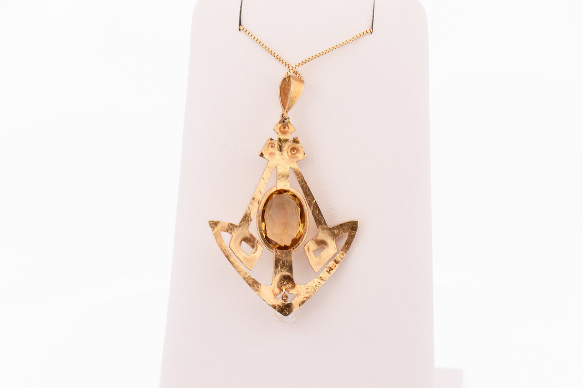 Rare Arts & Crafts Era Hammered Yellow Gold & Citrine Lavalier Pendant