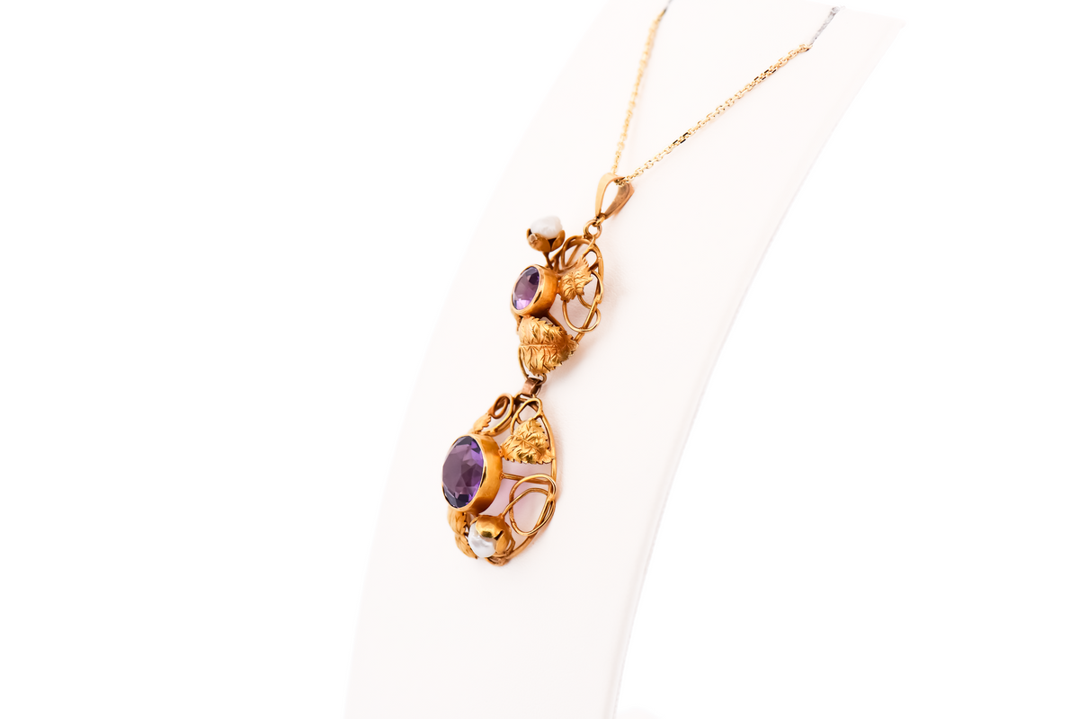Rare Arts & Crafts Era Pendant with Amethyst, Pearls and Gold Leaves & Vines