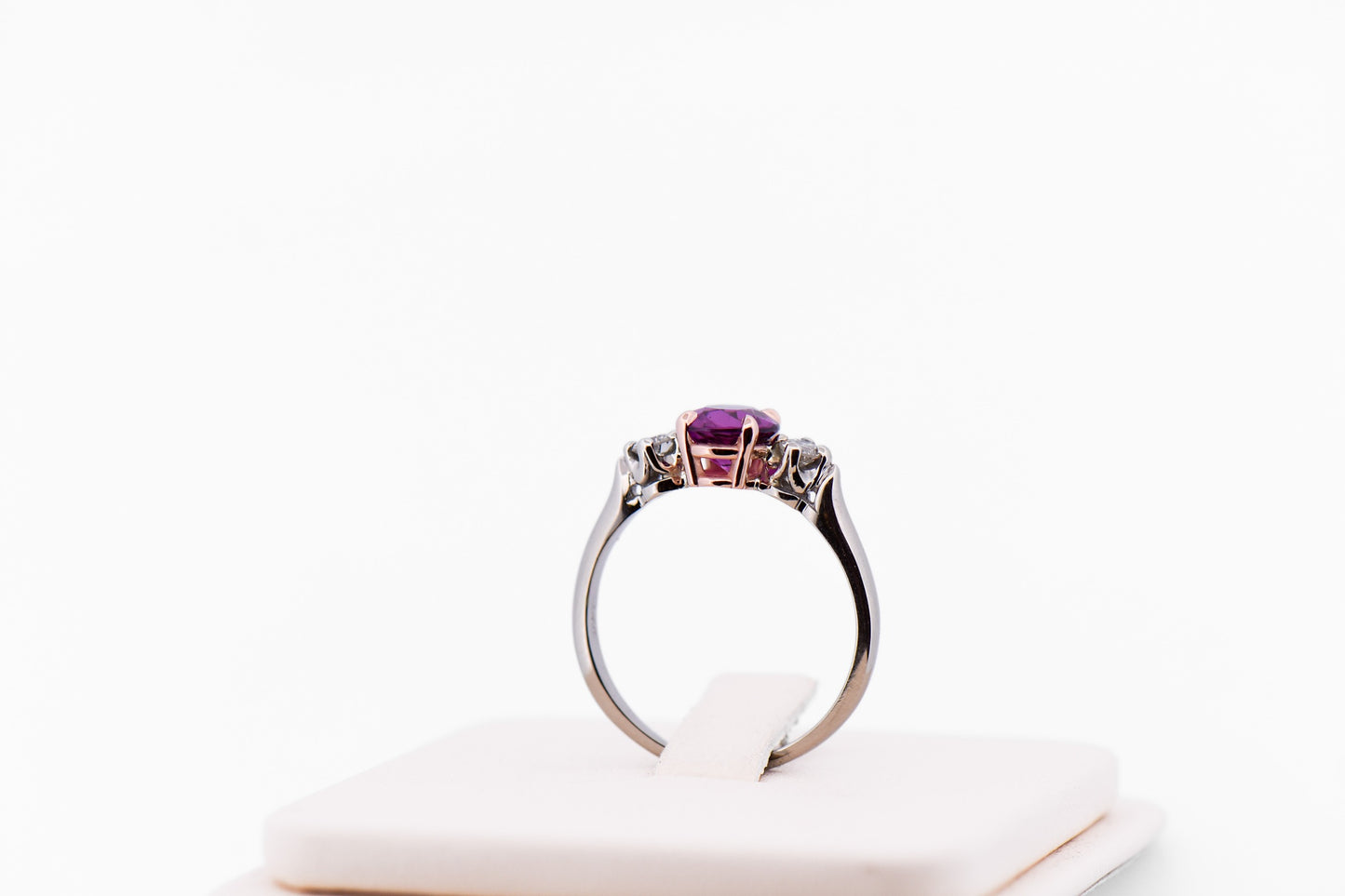 Rare Mozambique Purple Garnet & Diamond 3-Stone Ring in Rose & White Gold