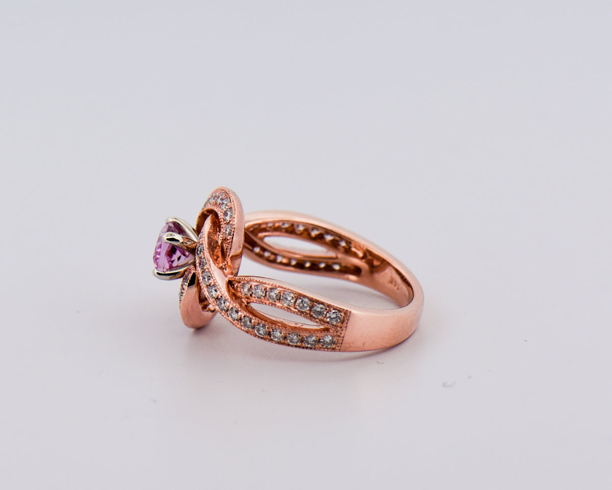 Rose Gold Pink Imperial Topaz & Diamond Knot Ring