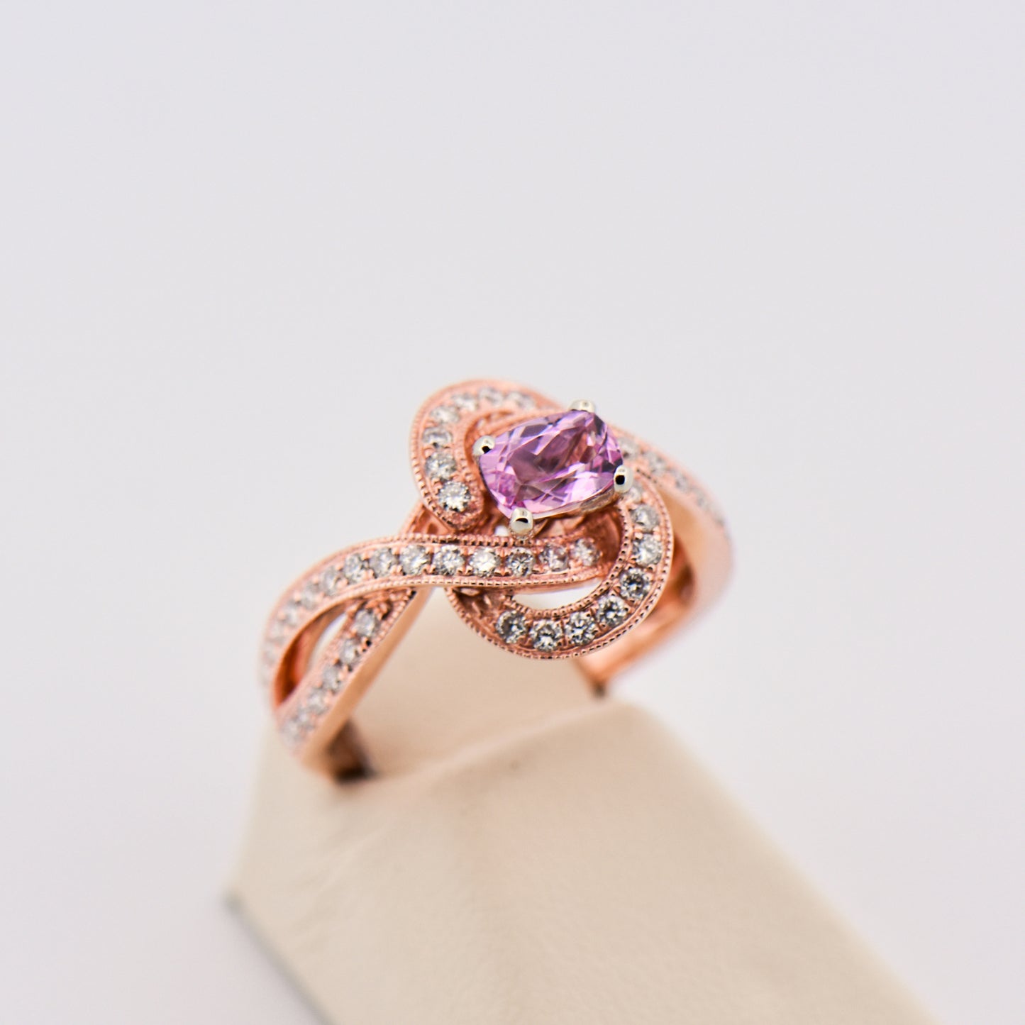 Rose Gold Pink Imperial Topaz & Diamond Knot Ring
