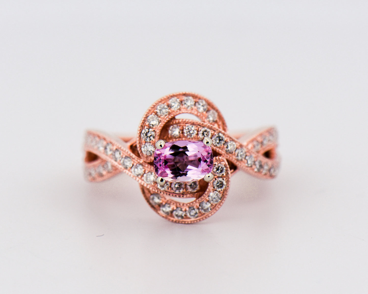 Rose Gold Pink Imperial Topaz & Diamond Knot Ring