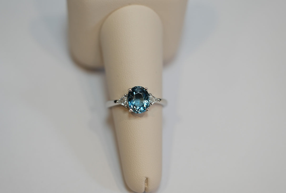Rare Santa Maria Aquamarine 3-Stone Ring with Trillion Diamonds in Platinum