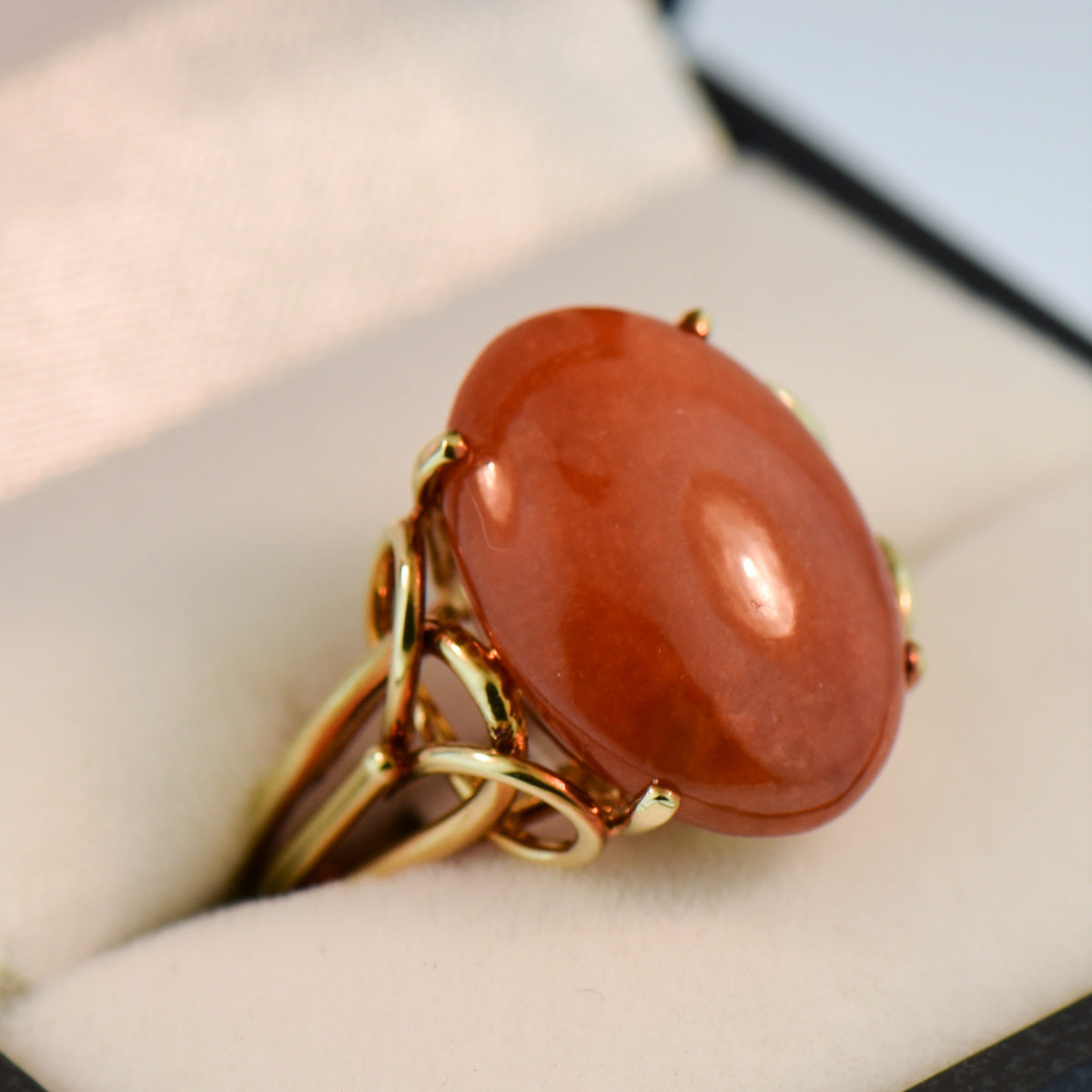 Oval Cabochon Natural Orange-Red Jade Ring