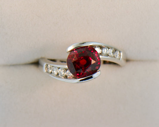 Red Spinel and Diamond Bypass Ring in White Gold