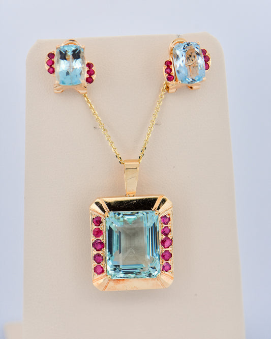 Retro Gold Pendant & Earrings with Aquamarines & Rubies
