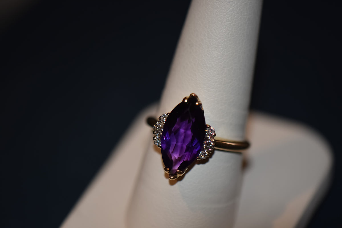Retro Amethyst & Diamond Engagement Ring in Yellow Gold