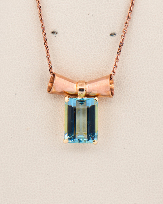 Retro Aquamarine Pendant with Rose Gold Bow Motif