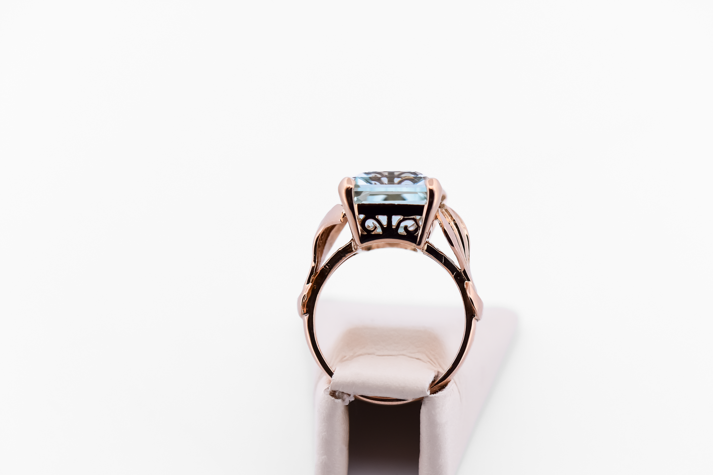 Retro Rose Gold & Emerald Cut Aquamarine Cocktail Ring