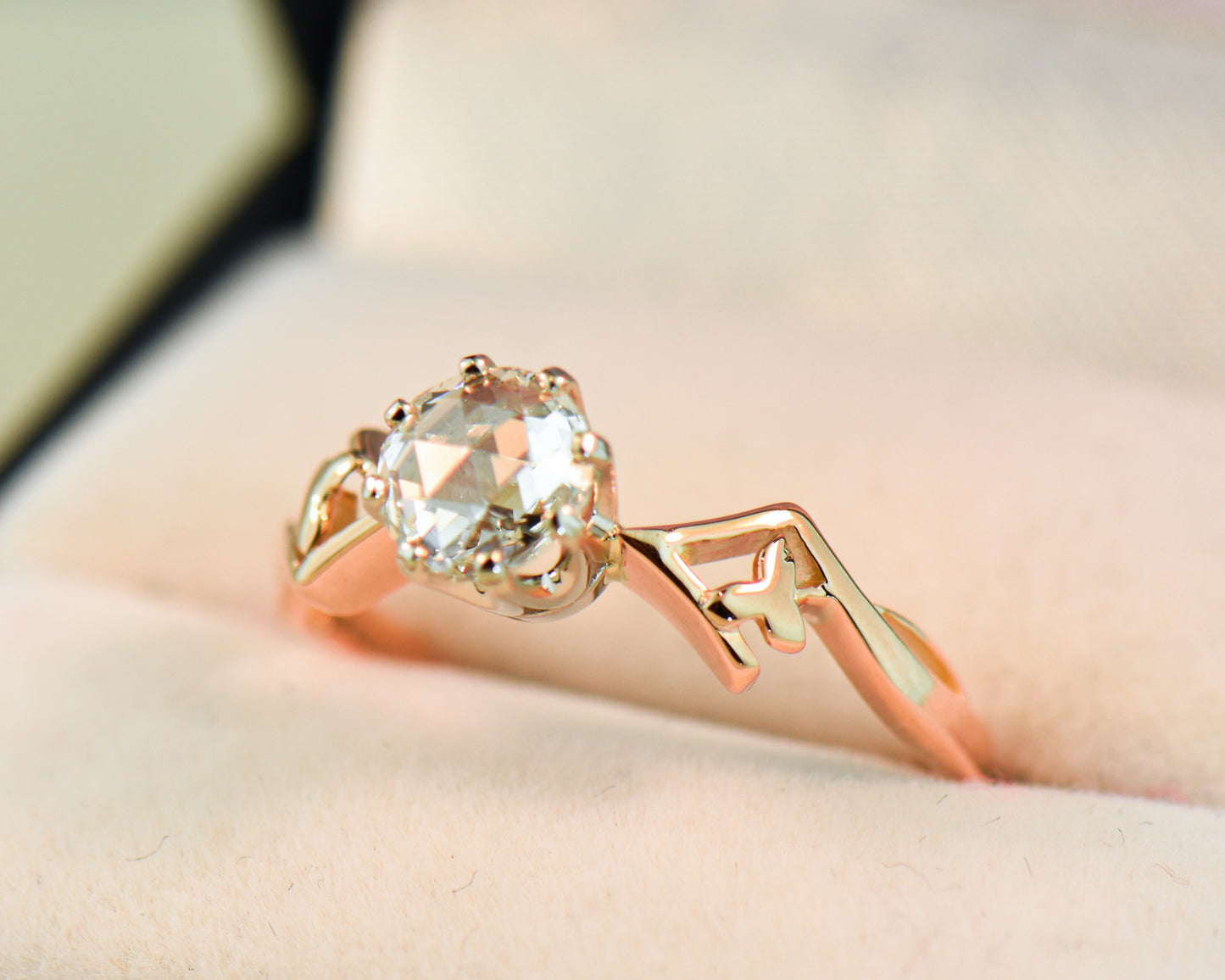 Rare Antique Rose Gold Jugendstil Ring with Rose Cut Diamond