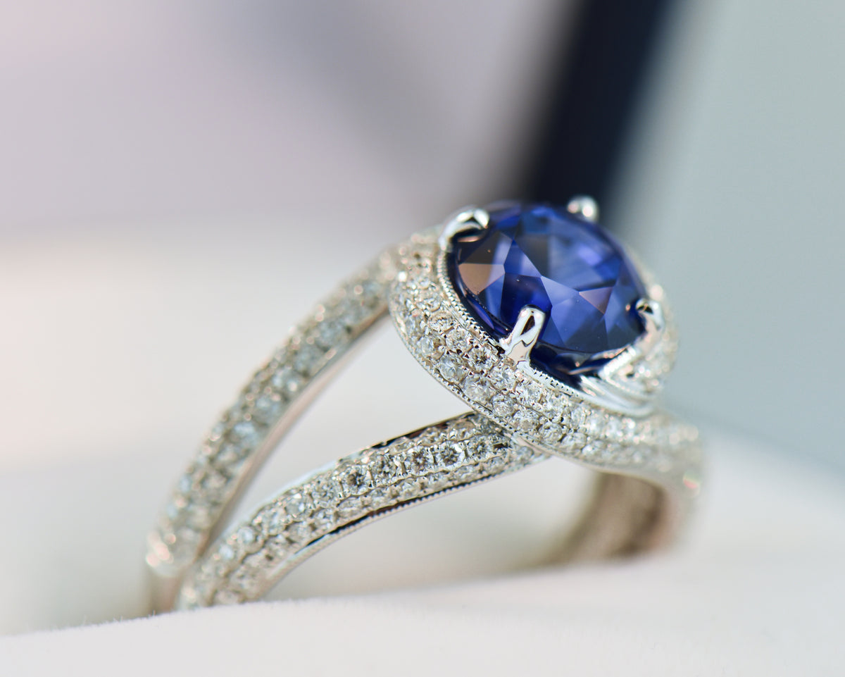 2.68ct Round Blue Sapphire in Swirly Pavé Diamond Cocktail Ring