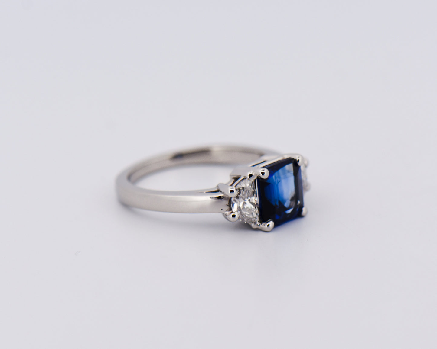 Square Blue Sapphire & Half Moon Diamond Engagement Ring