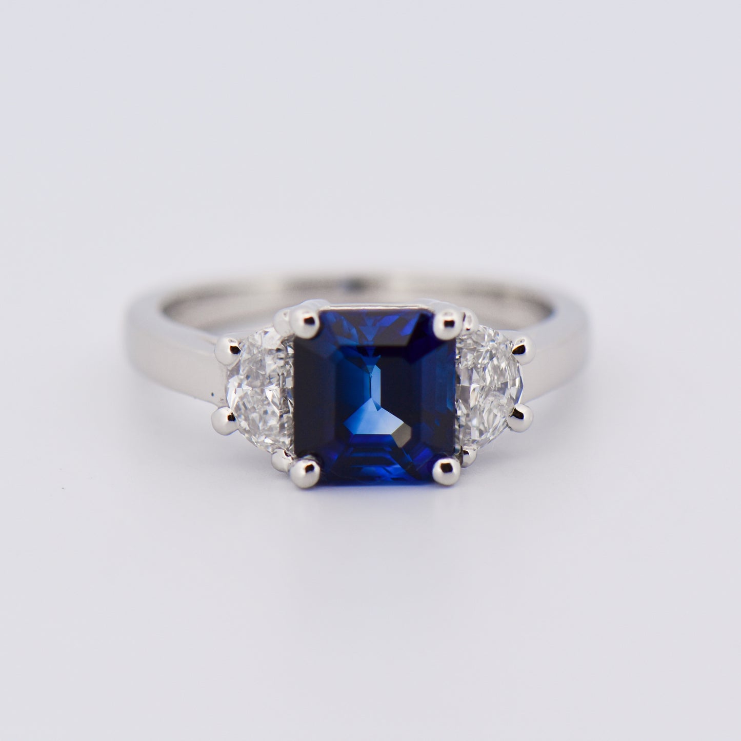 Square Blue Sapphire & Half Moon Diamond Engagement Ring
