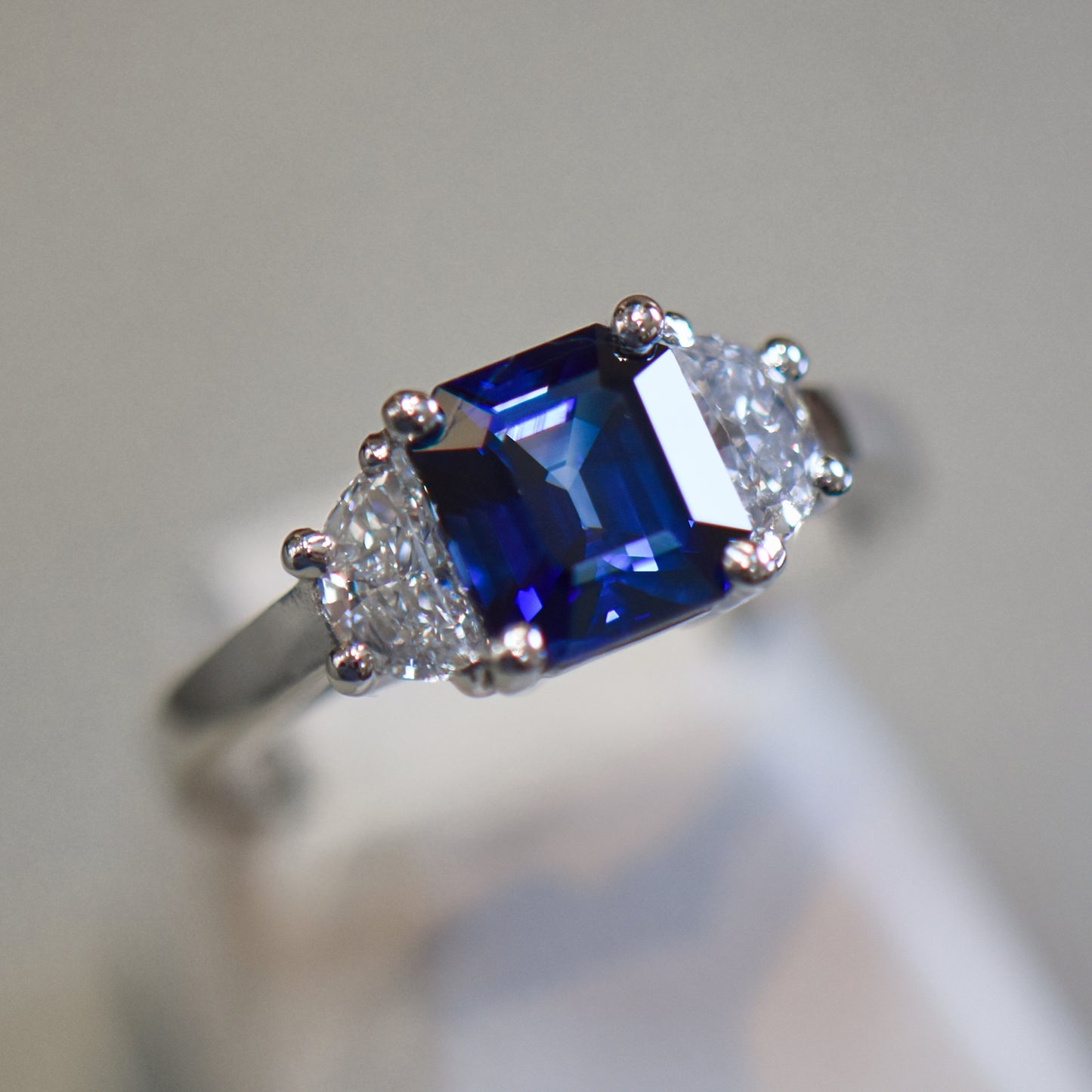 Square Blue Sapphire & Half Moon Diamond Engagement Ring