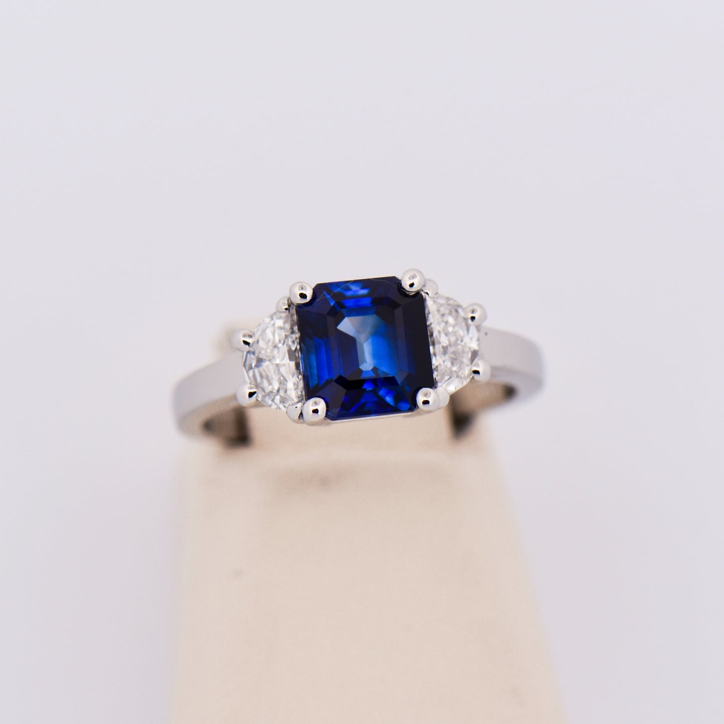 Square Blue Sapphire & Half Moon Diamond Engagement Ring