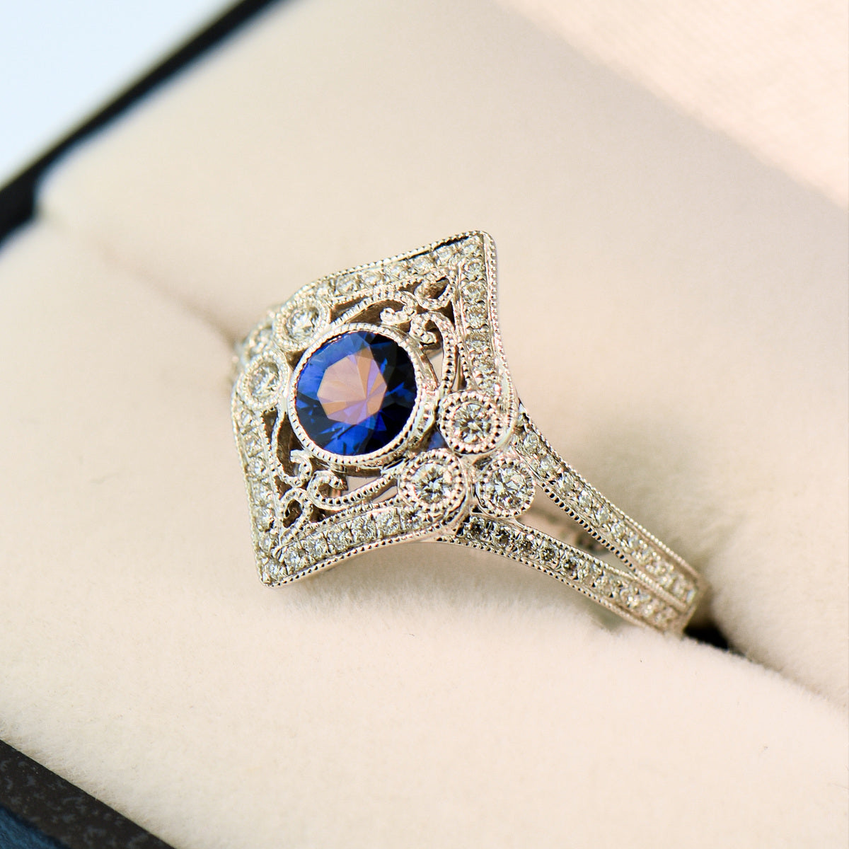 Vintage Style Blue Sapphire & Diamond Ring
