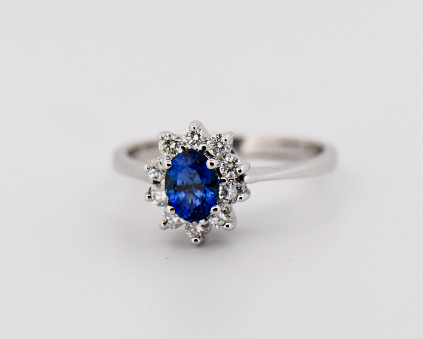 Blue Sapphire & Diamond Halo Ring- Princess Diana Style