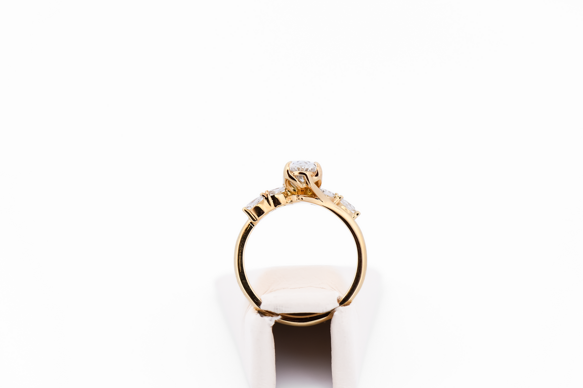 Skinny Oval Diamond Engagement Ring with Marquise Accents in Yellow Gold